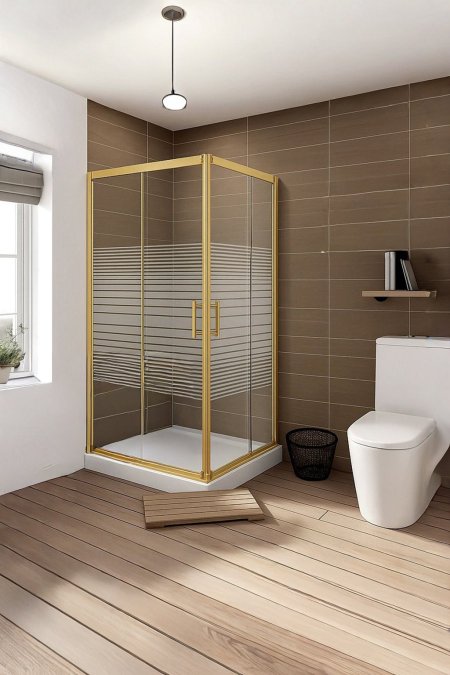 شور زجاج زاوية L – فريم جولد بخطوط Privacy (مفصّلي مزدوج)